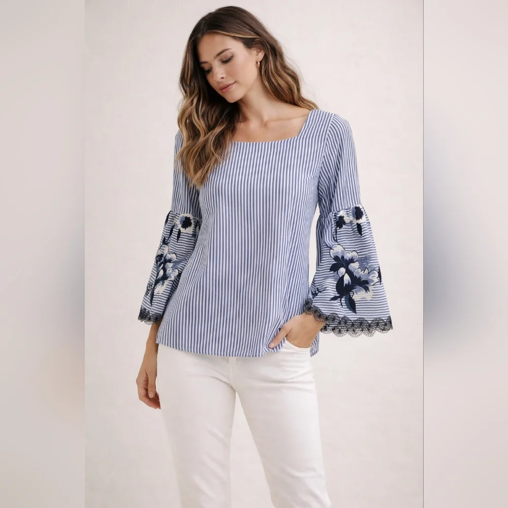 Joseph Ribkoff Blue & White Striped Blouse Floral Embroidered Sleeves - Picture 1 of 5